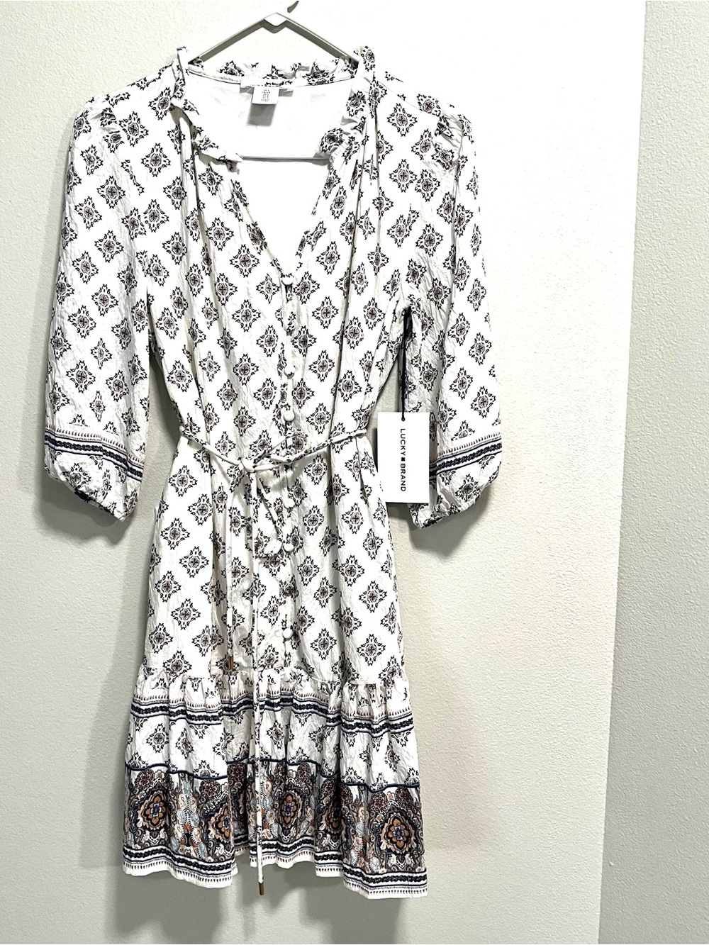 Lucky Brand White Printed Boho Tie-Waist Mini Dress with Pockets